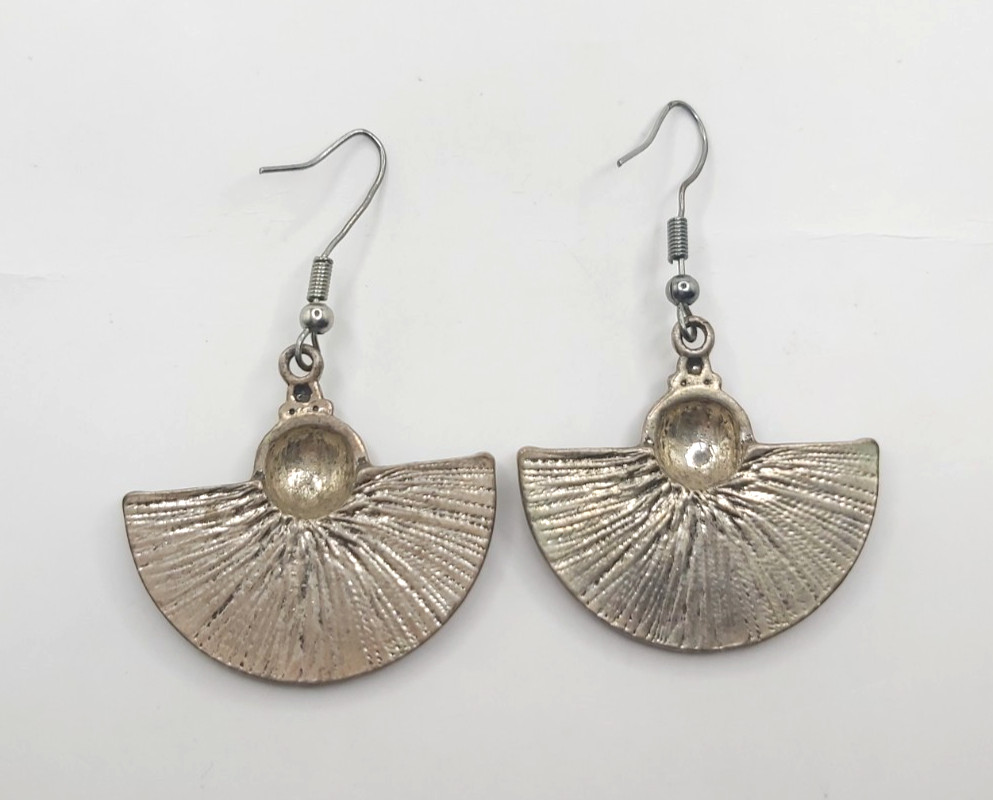 Vintage Moroccan Berber Enamel Fan Drop Earrings Tribal Silver Tone Yellow Green