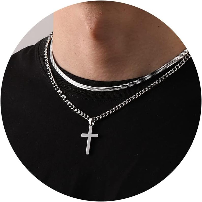Cross Necklace for Men Boys, Stainless Steel Layered Cuban Link Herringbone Chai