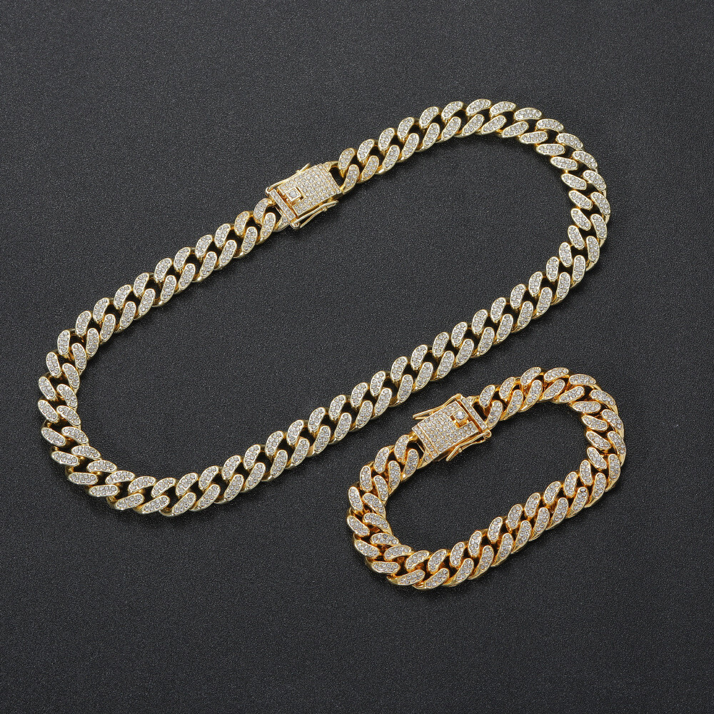 12MM Gold Plated Iced CZ Out Cuban Chain Set Classic Cuban Link Chain/Necklace