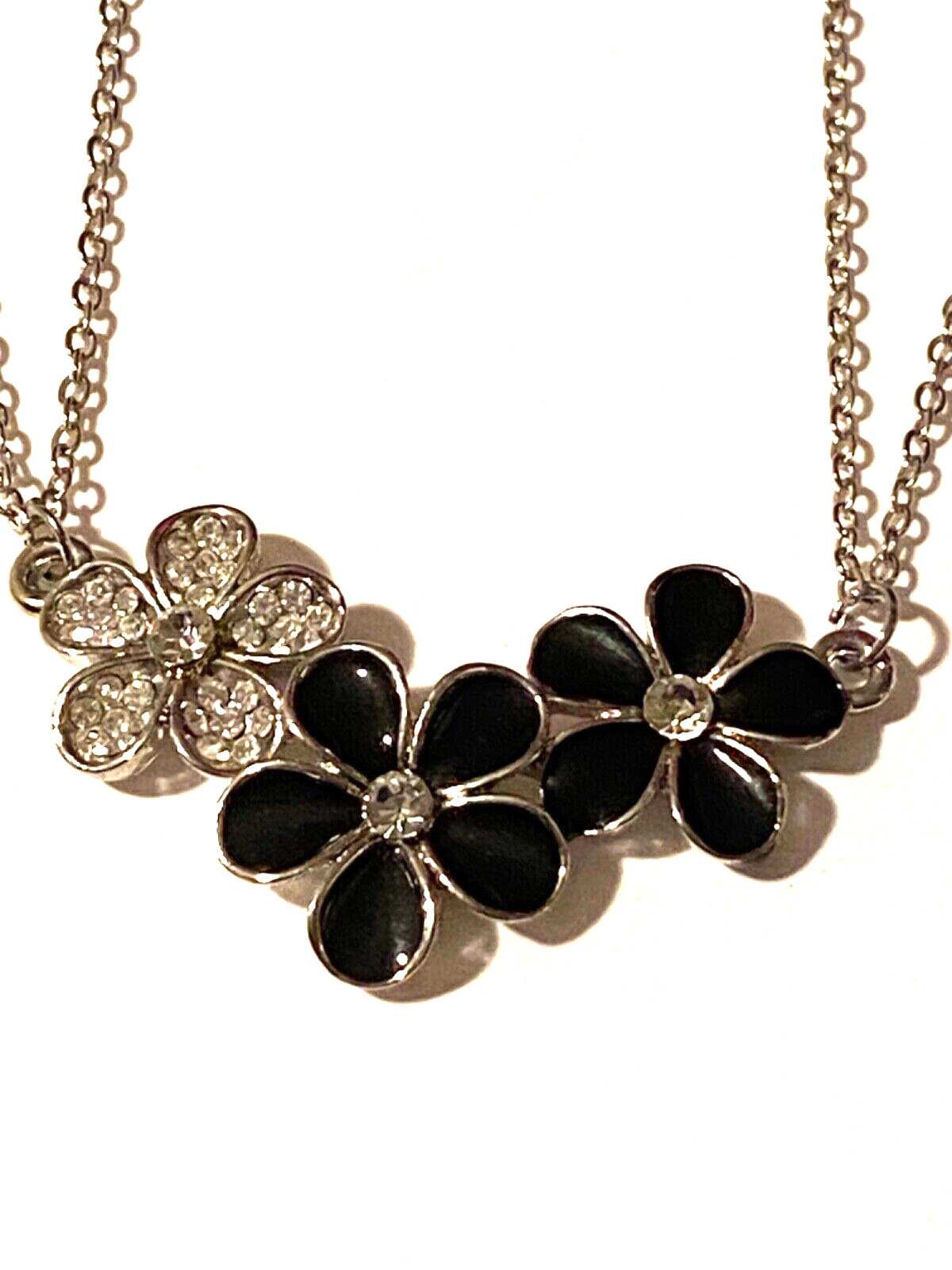 Necklace Silver Tone Double Strand Black Flowers 14 Inch