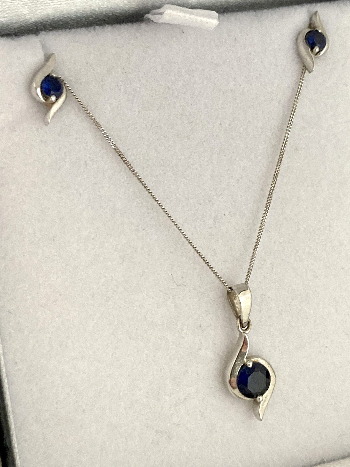 9ct White Gold Sapphire Pendant , Chain With Matching Earrings 9 Carat