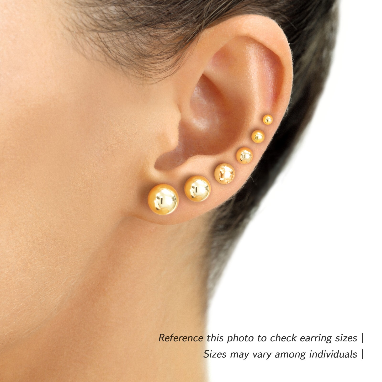 14K Real Solid Yellow Gold Polished Round Ball Stud Earrings Silicone Push-back