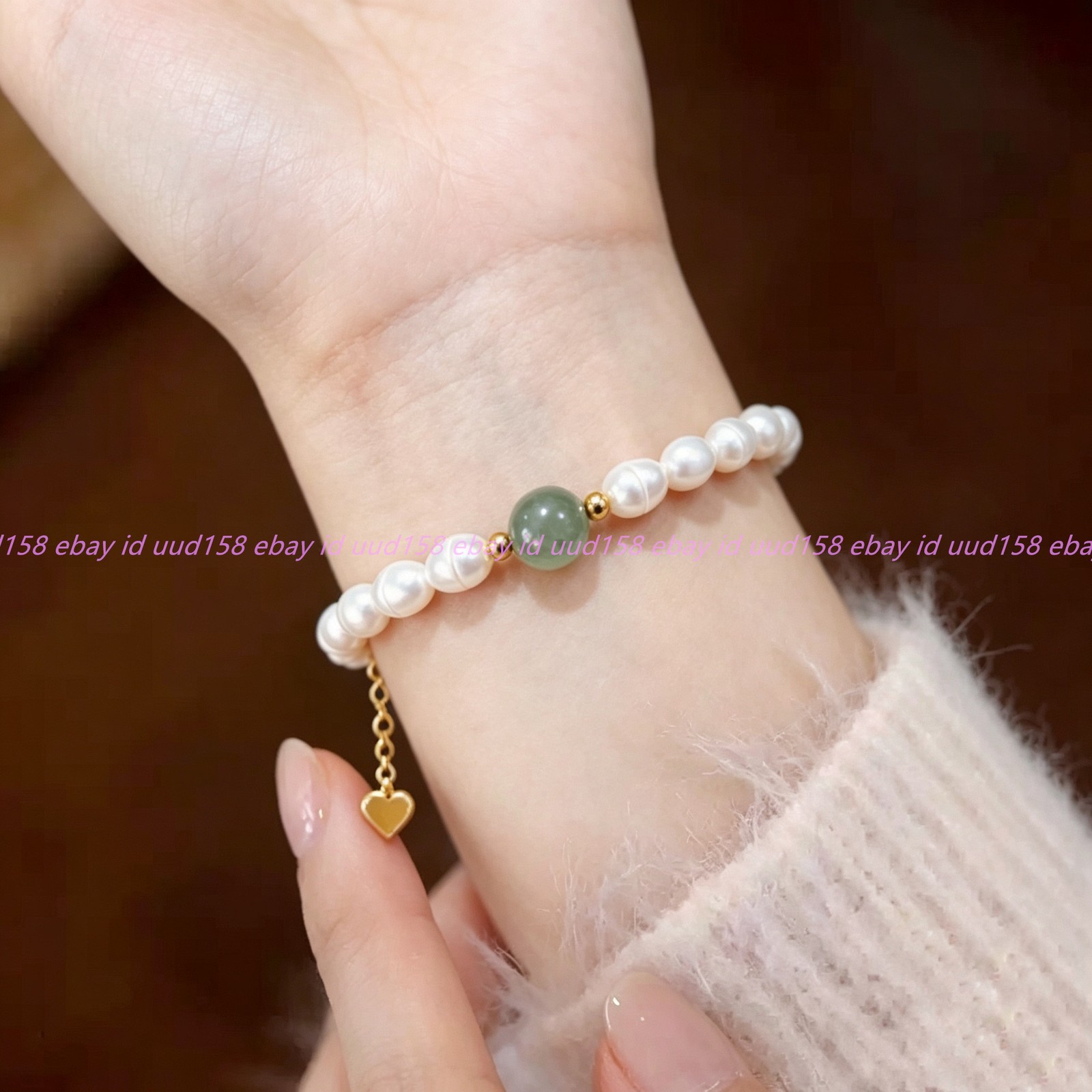 Natural 9-10mm White Freshwater Rice Pearl Green Dongling Jade Bracelet 7-9in
