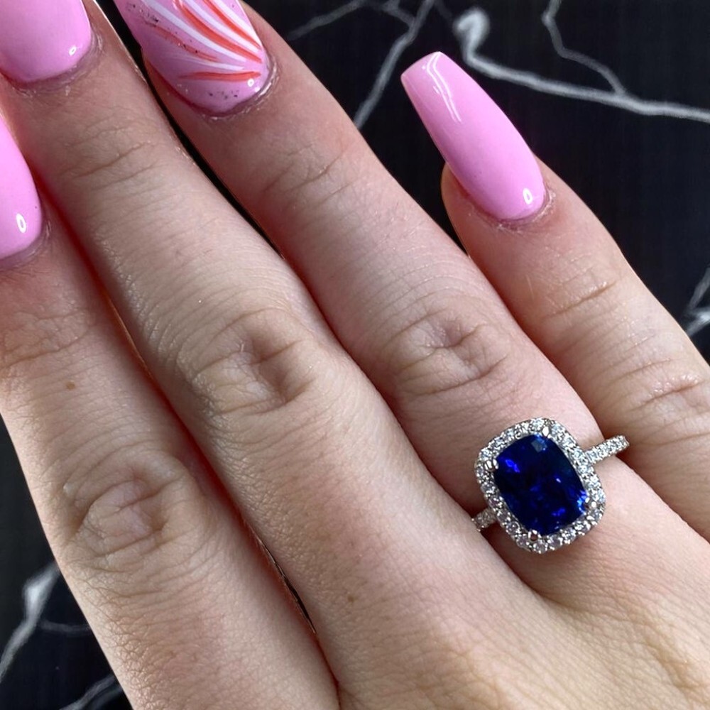 Wedding 950 Platinum Ring 3.70 Ct Lab Created Diamond Cushion Cut Blue Sapphire