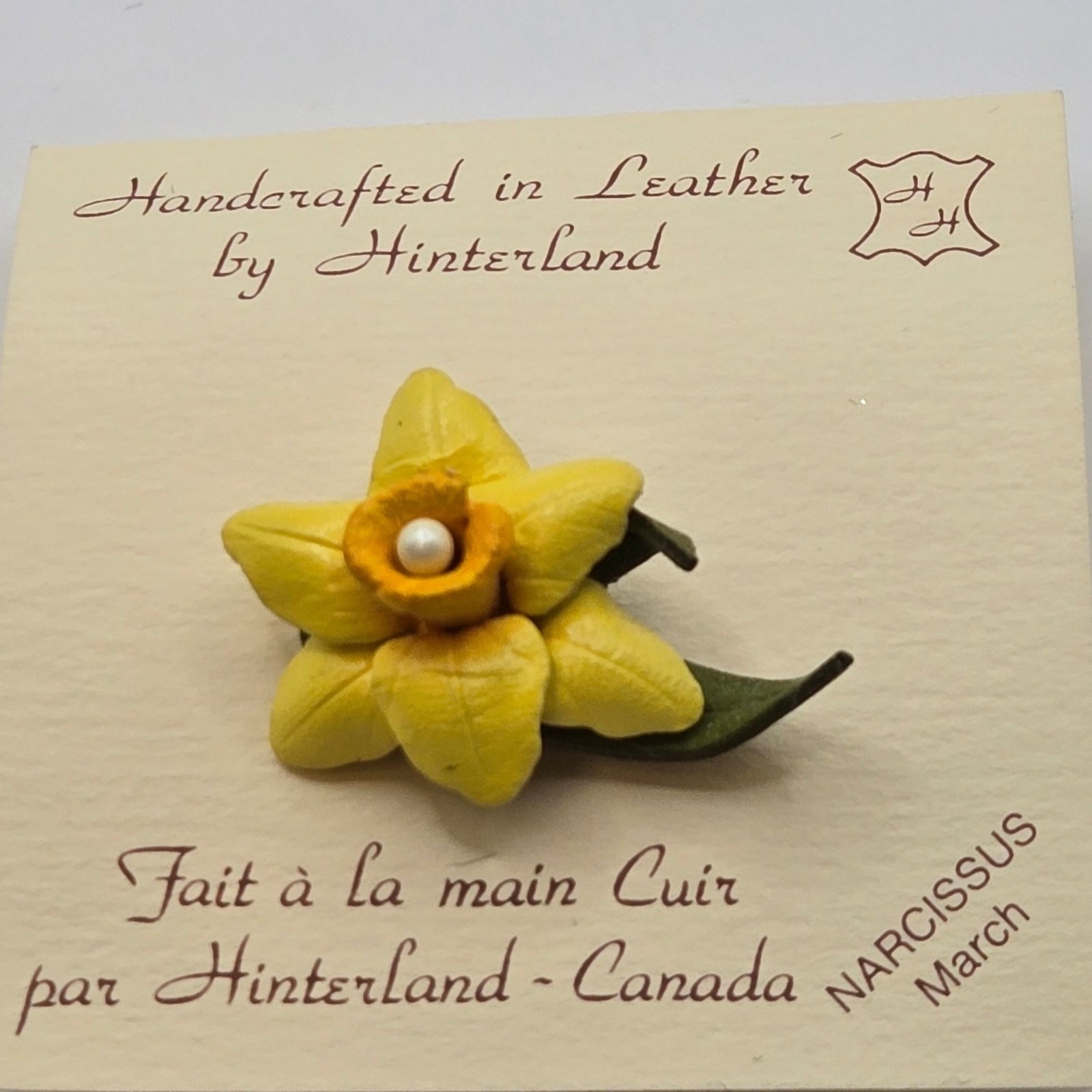 Hinterland Leather Narcissus Flower Pin March Birth Month Yellow Floral 1″