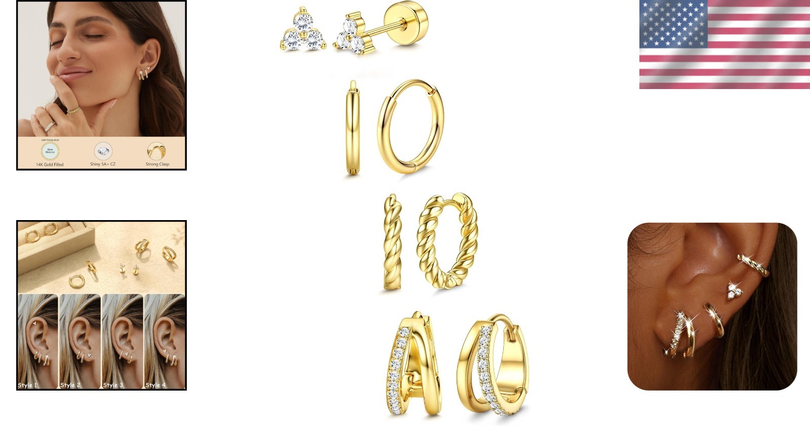 14K Gold Plated Dainty Huggie & Stud Earrings Set for Sensitive Ears – 4 Pairs