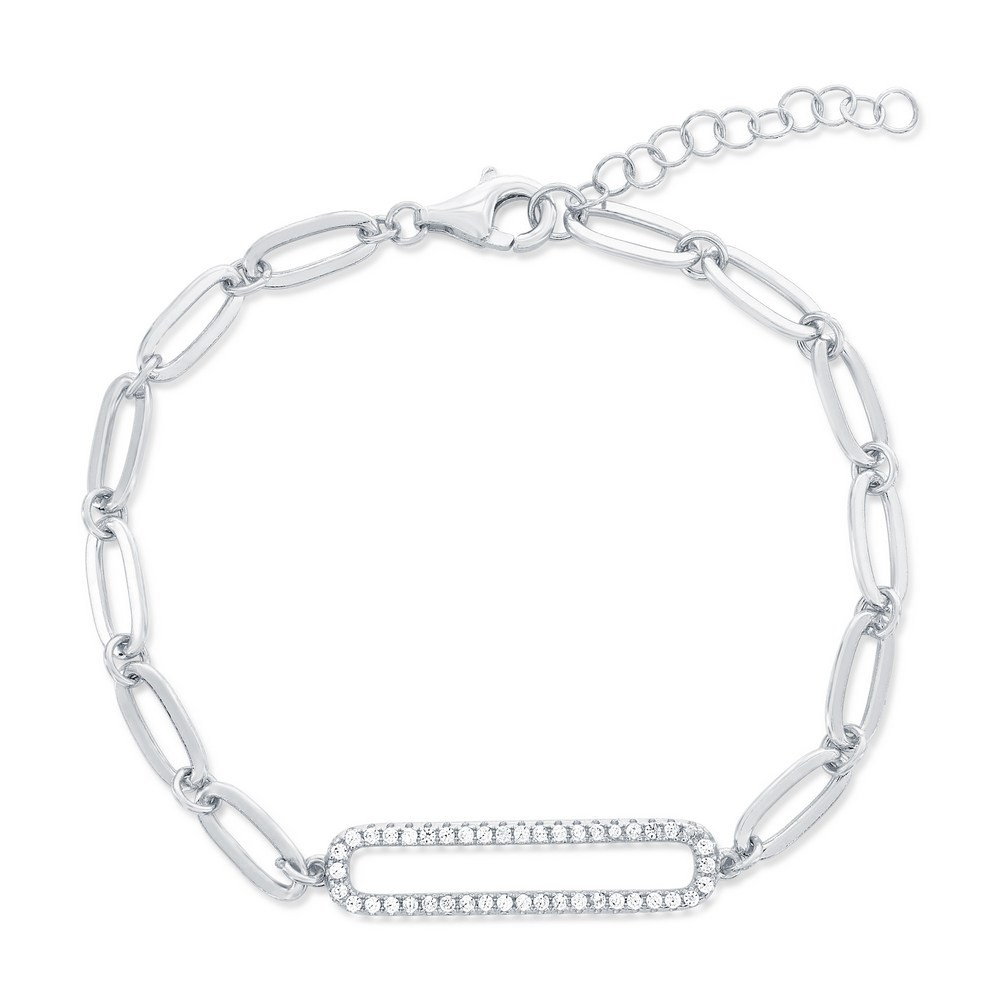 Sterling Silver Sparkling CZ Paperclip Bracelet Rhodium Plated 7+1in
