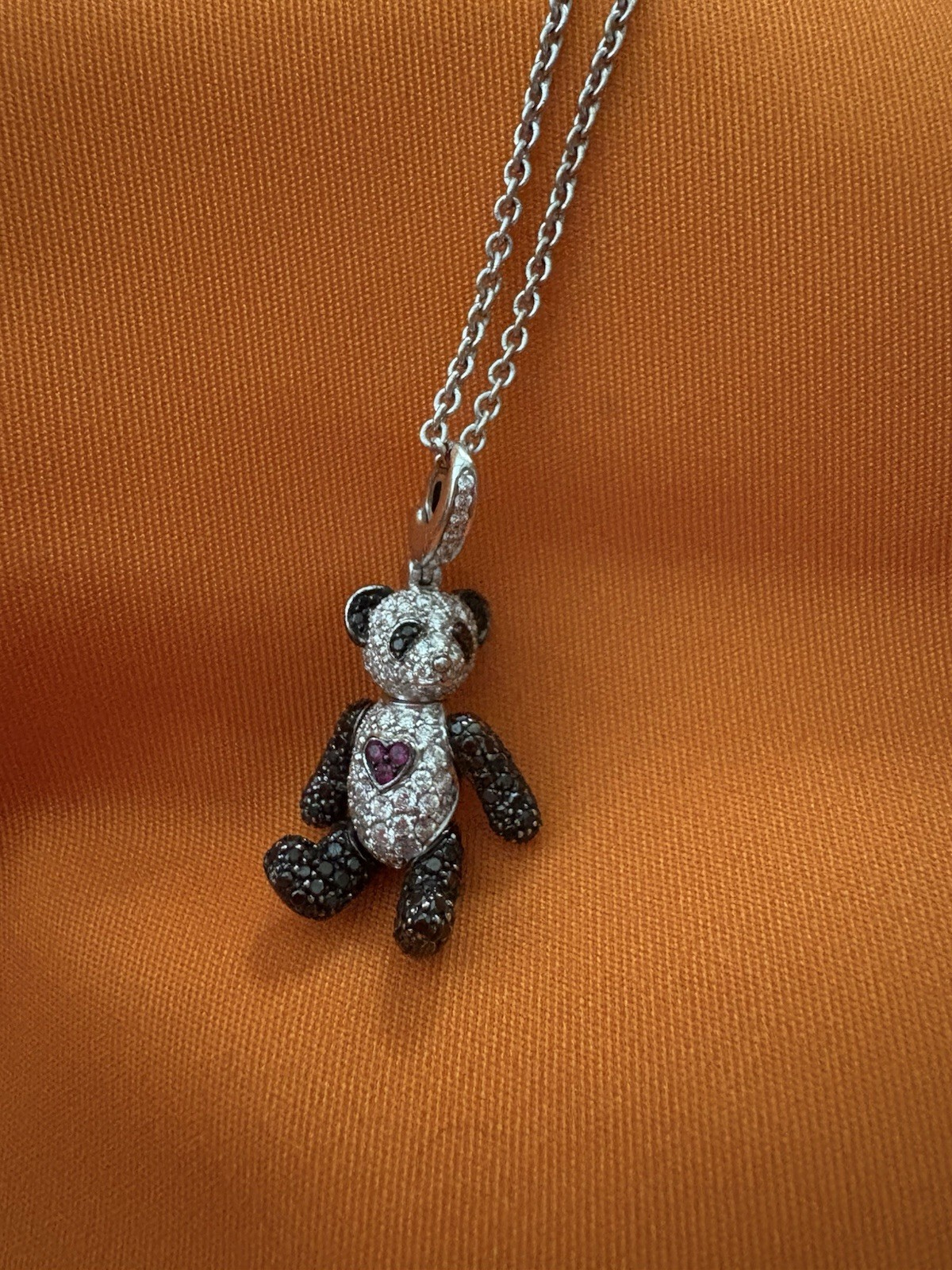 Qeelin 18K White Gold Black Diamond Teddy Bear Charm Necklace 18in Cable