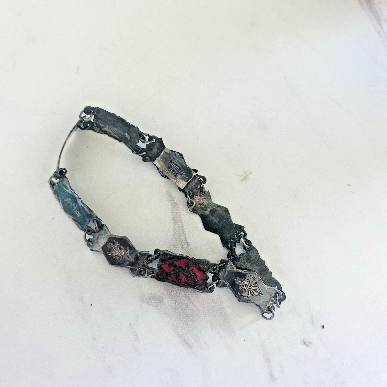 Vintage Siam Sterling Silver Niello 8 Panel Bracelet Thai Deities Gods 7 1/4″