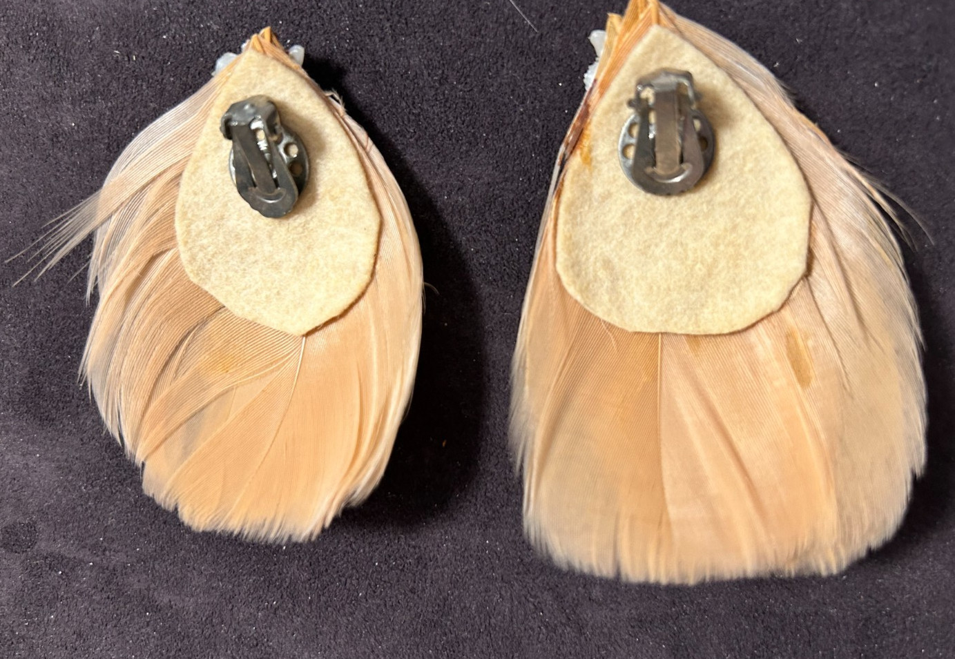 Vintage 1950’s Real Feather Flower Rhinestone Special Occasion Earrings Clip-On