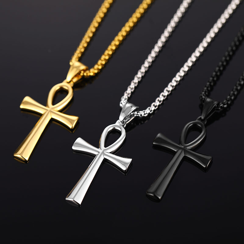 Men Women Cross Necklace Silver Stainless Steel Egyptian Ankh Pendant Chain Gift
