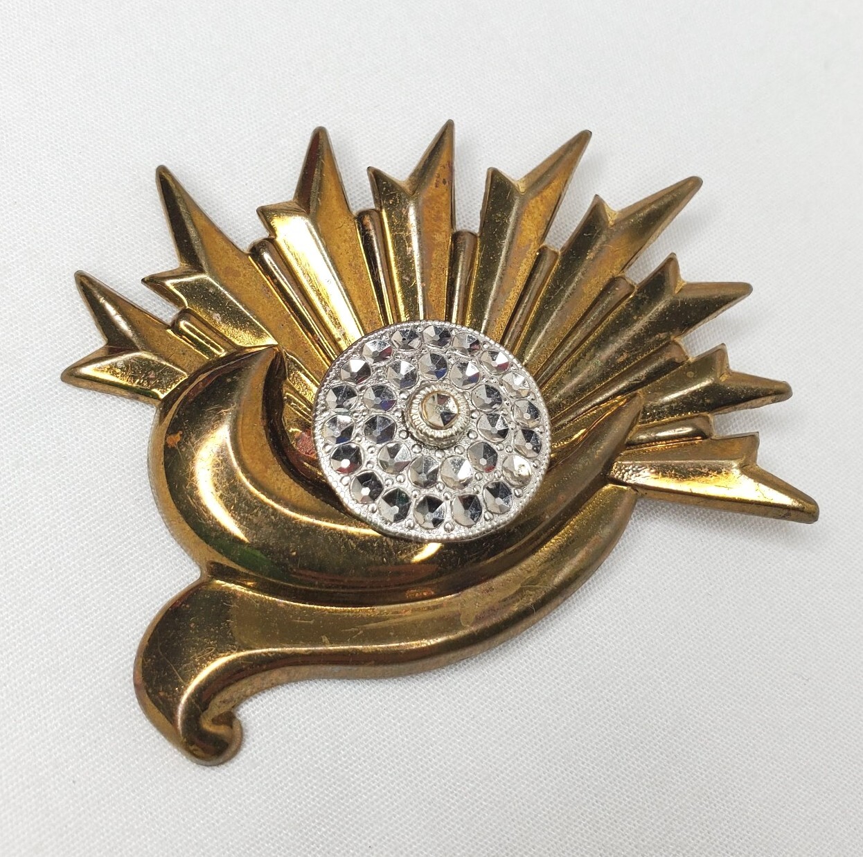 Vintage Modernist Brass Sun Rays Brooch Silver Tone Accents Abstract Pin