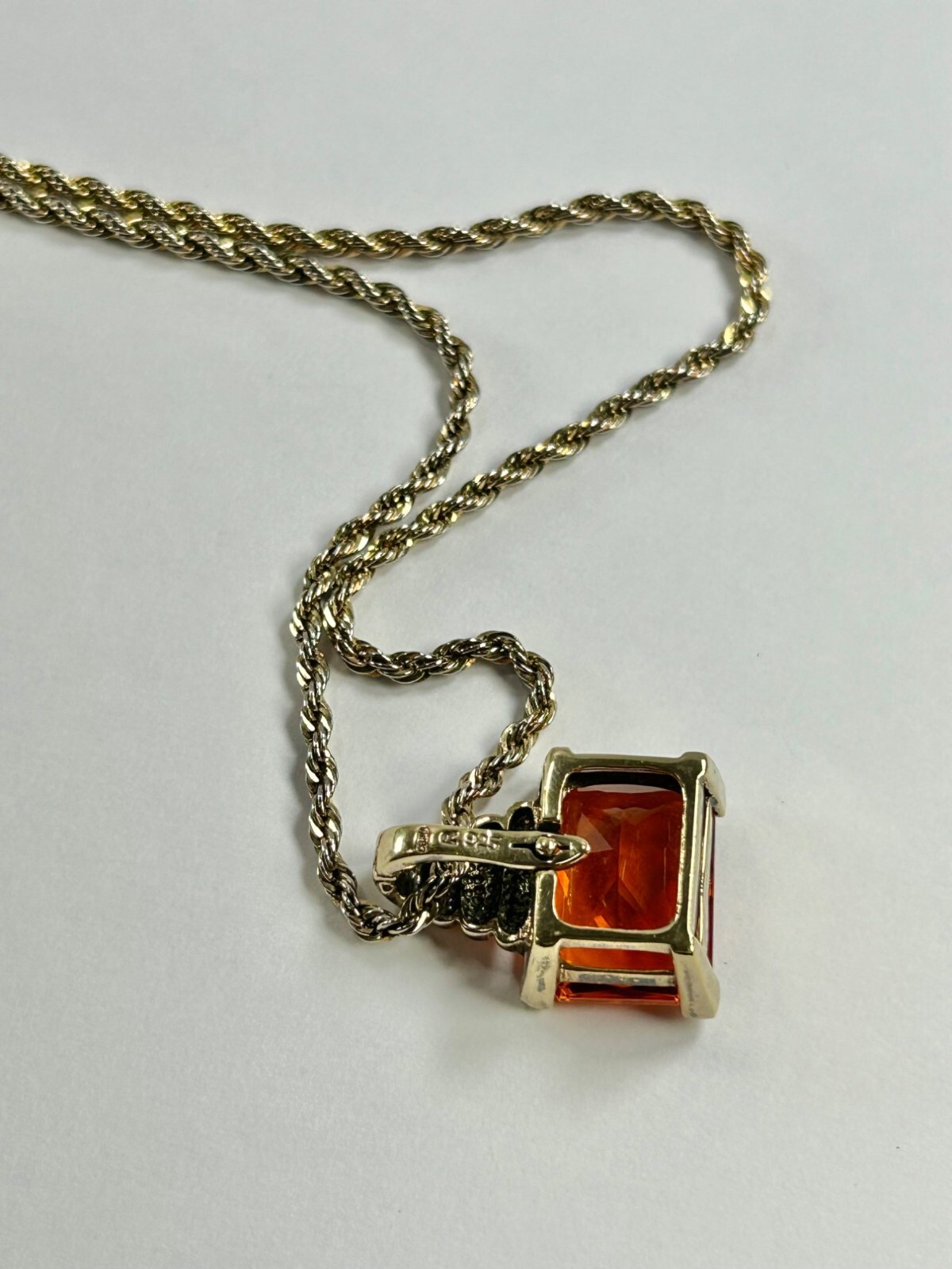 925 Sterling Silver Gold Vermeil Chain Necklace Orange Glass Pendant Statement