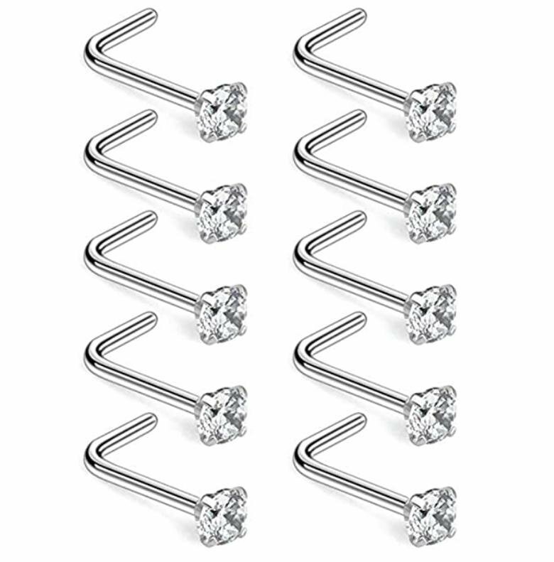18G Surgical Steel Mix Color CZ L Shaped Nose Stud Rings Piercing Jewelry 10PCS