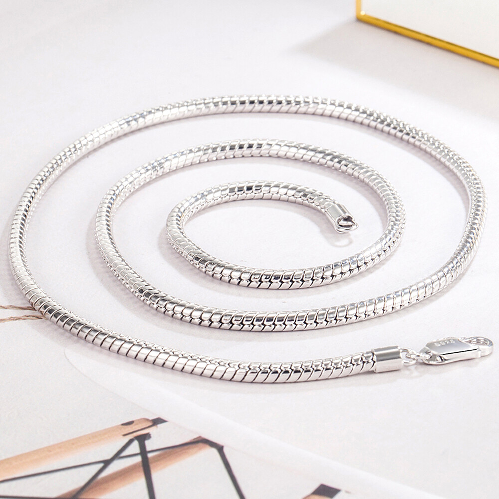 925 Sterling Silver 3mm Round Snake Necklace Sizes 18″ to 30″ for Women & Men