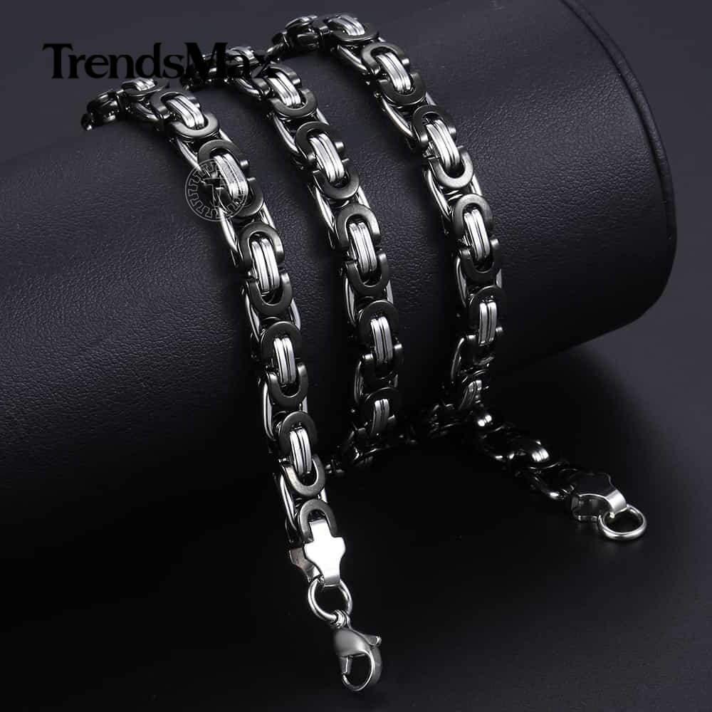 For Men Unisex Chain Black Silver Stainless Steel Flat Byzantine Link Necklaces