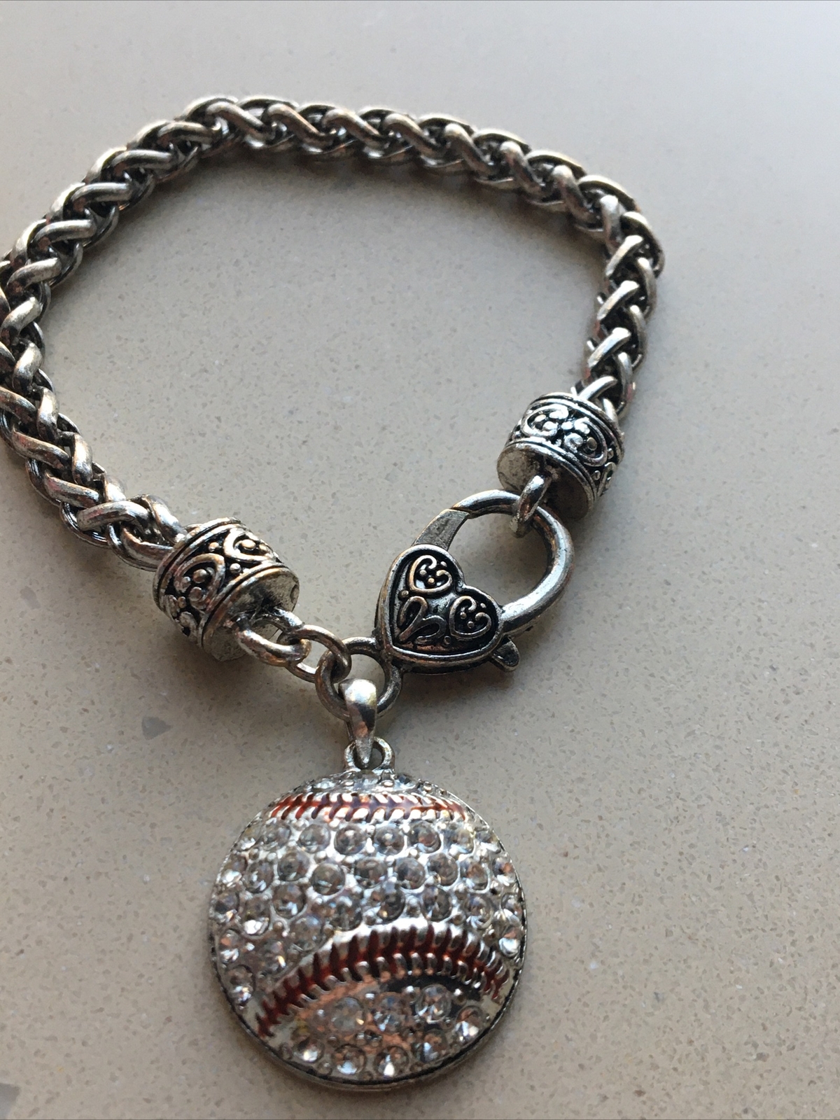 Vintage Small One Size None Stretch Baseball Novelty Silver Rhinestone Bracelet