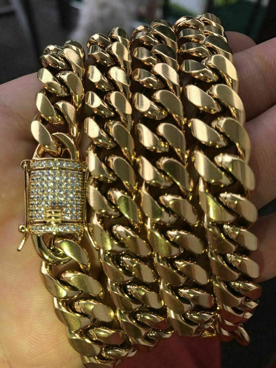 Men Real Cuban Miami Link Bracelet Chain Set 18k Gold Plated Simulated Diamond