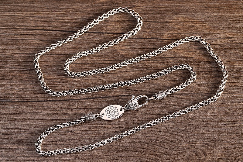 Men’s Thai Sterling Silver Spiga/Wheat Chain, 925, Reversible Lotus Tag Necklace