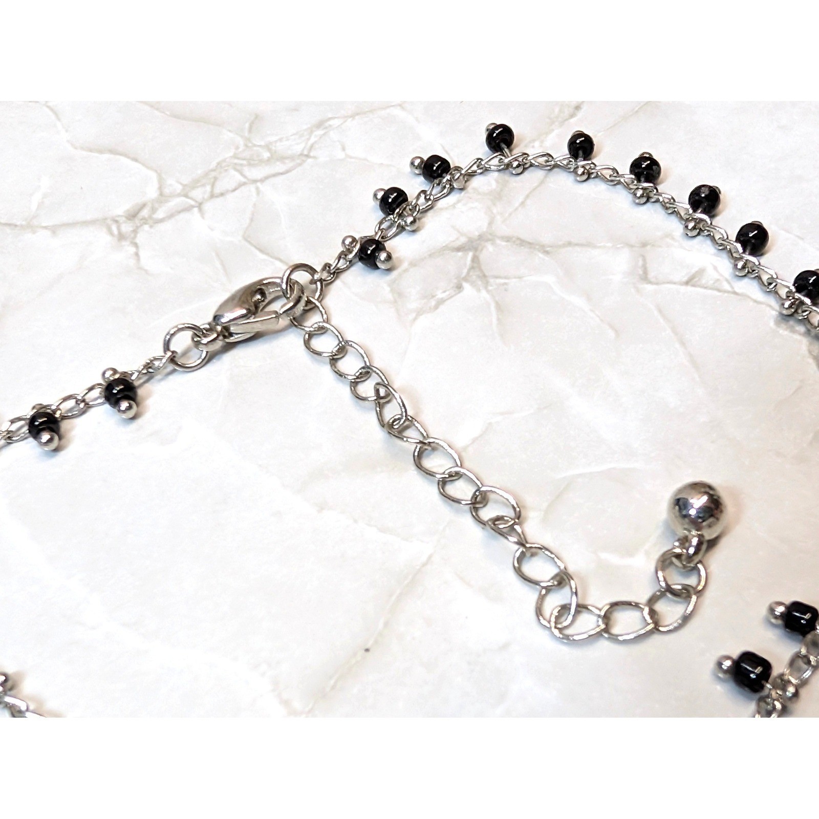Vintage Beaded Chain Anklet Bracelet Up to 10″ Silver Tone Black Boho Dainty