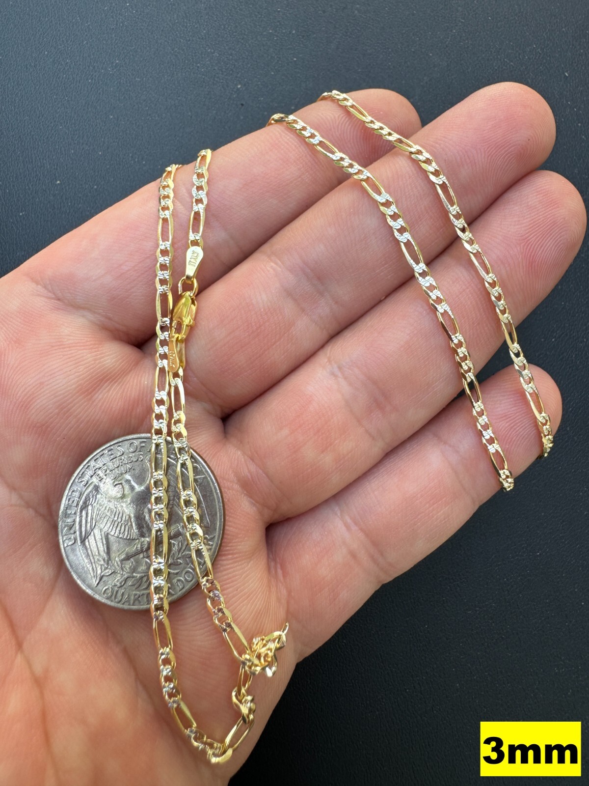 14k Gold Plated Solid 925 Sterling Silver Figaro Link Chain Two Tone Diamond Cut