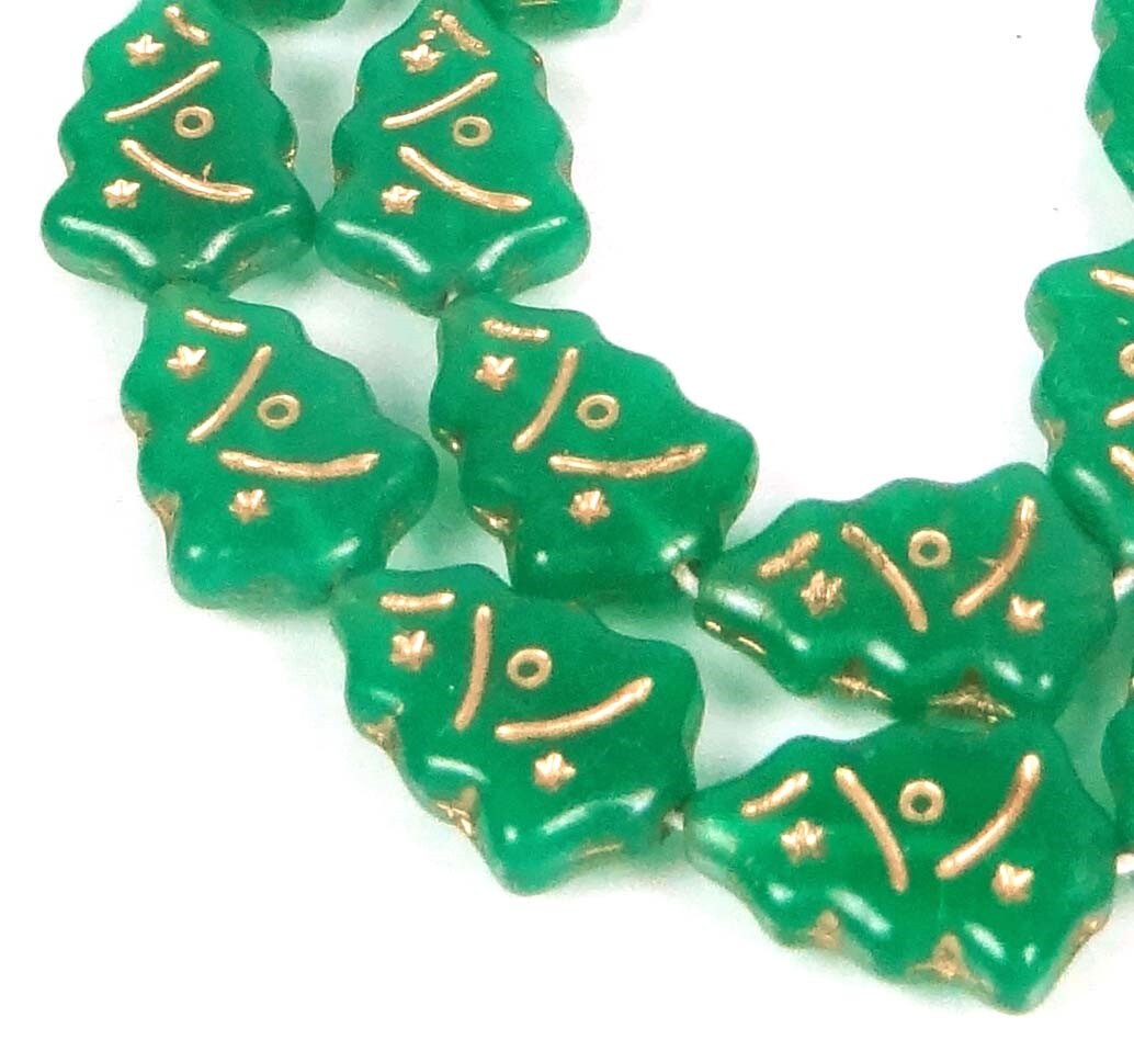 12 Czech Glass Christmas Trees Beads : Opaque Green – Gold Inlay 17x12mm