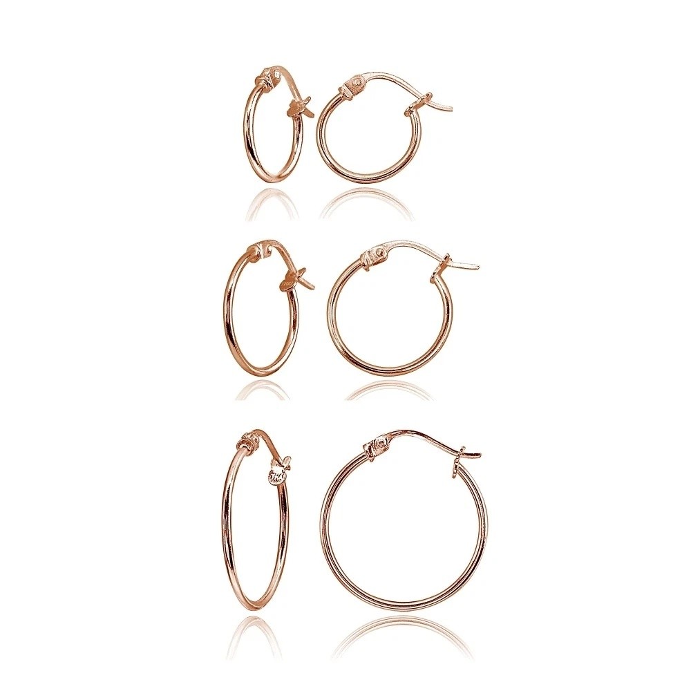 3 Pr Set Rose Flash Silver 1mm Round Thin Unisex Hoop Earrings, 12mm, 15mm, 20mm