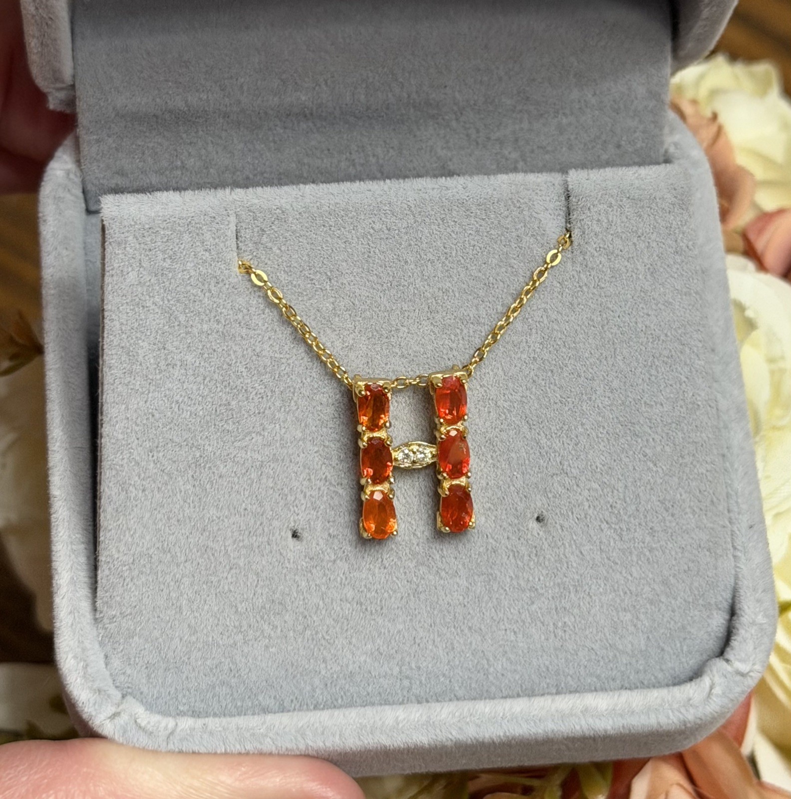 Natural Orange Fire Opal Initial “H” Pendant Necklace 18K Gold over 925 SS 20 in