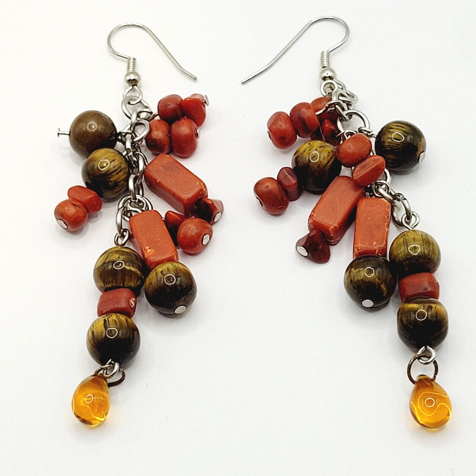 Modern Multi Shape Natural Stone Glass End Long Drop Dangle Hook Pierced Earring