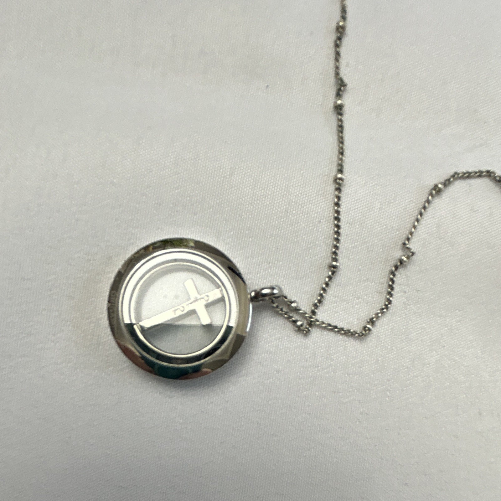 Silver Tone Cable Chain Necklace Round Cross Crystal Pavé Halo, Adjustable