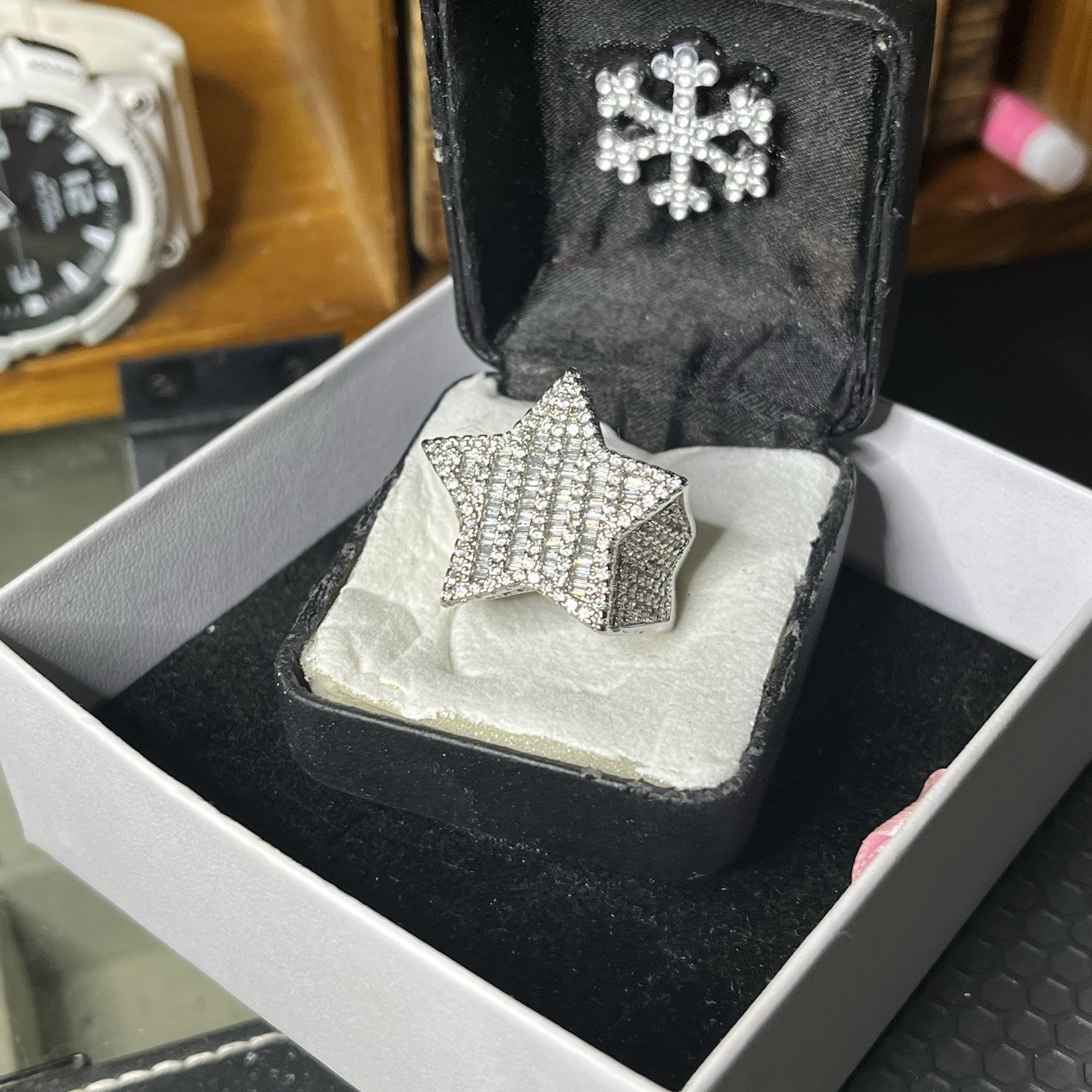 Silver Tone Star Masonite diamonds Baguette Statement Ring Size 7