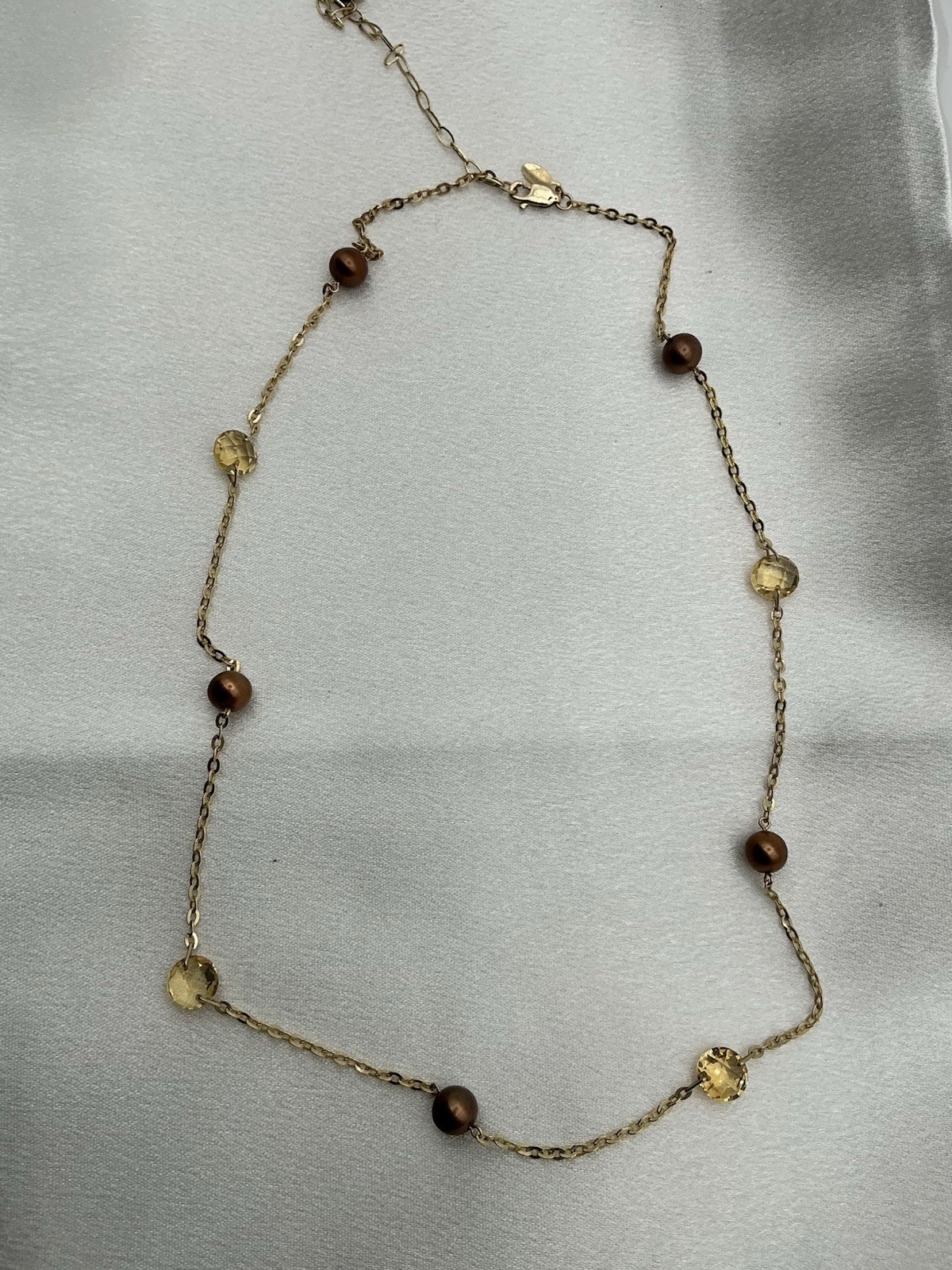 14K Gold Citrine & Pearl Station Necklace Jacmel Mauritius “Colors of Gold”