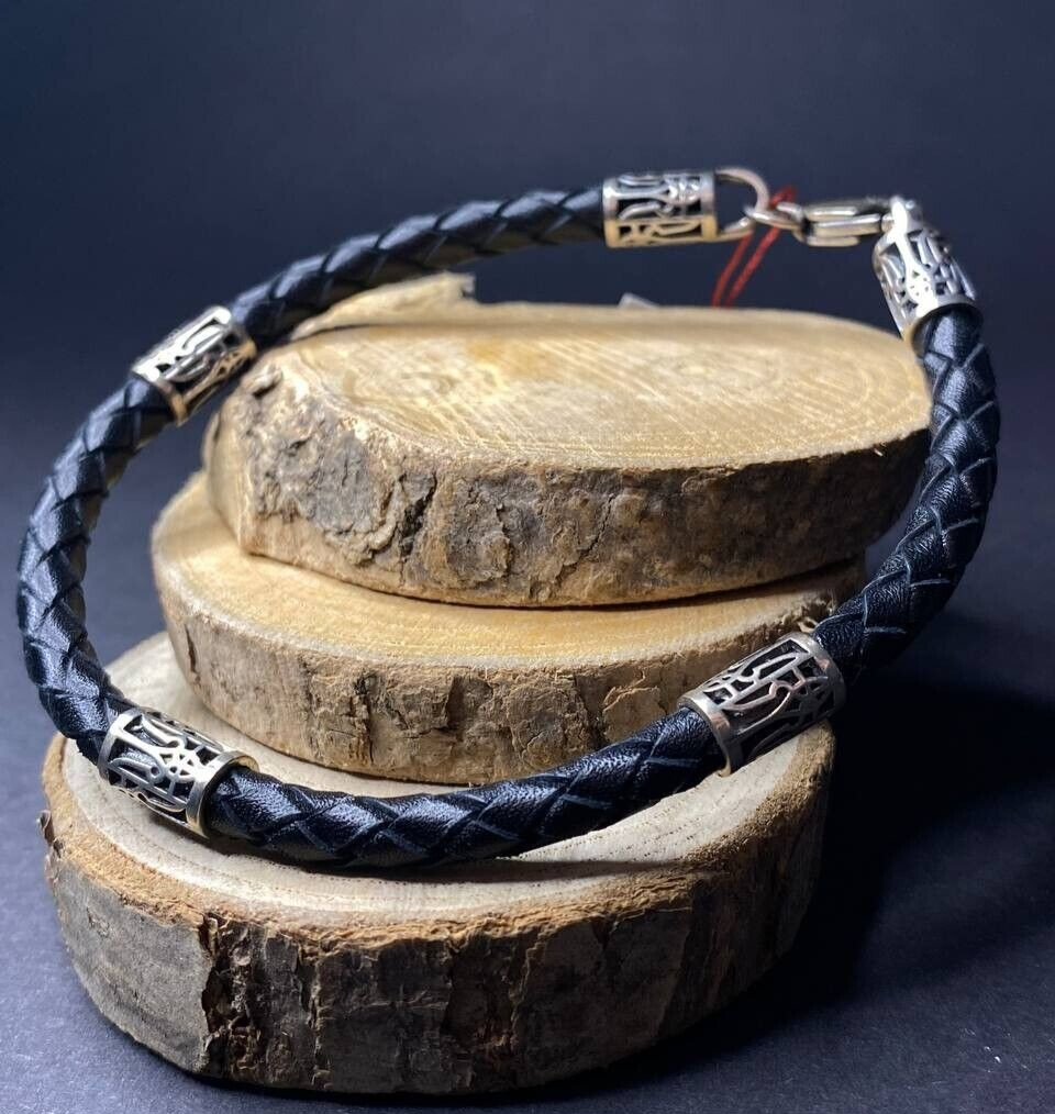 Black Leather Men Bracelet Ukrainian Symbols Trident Silver 925