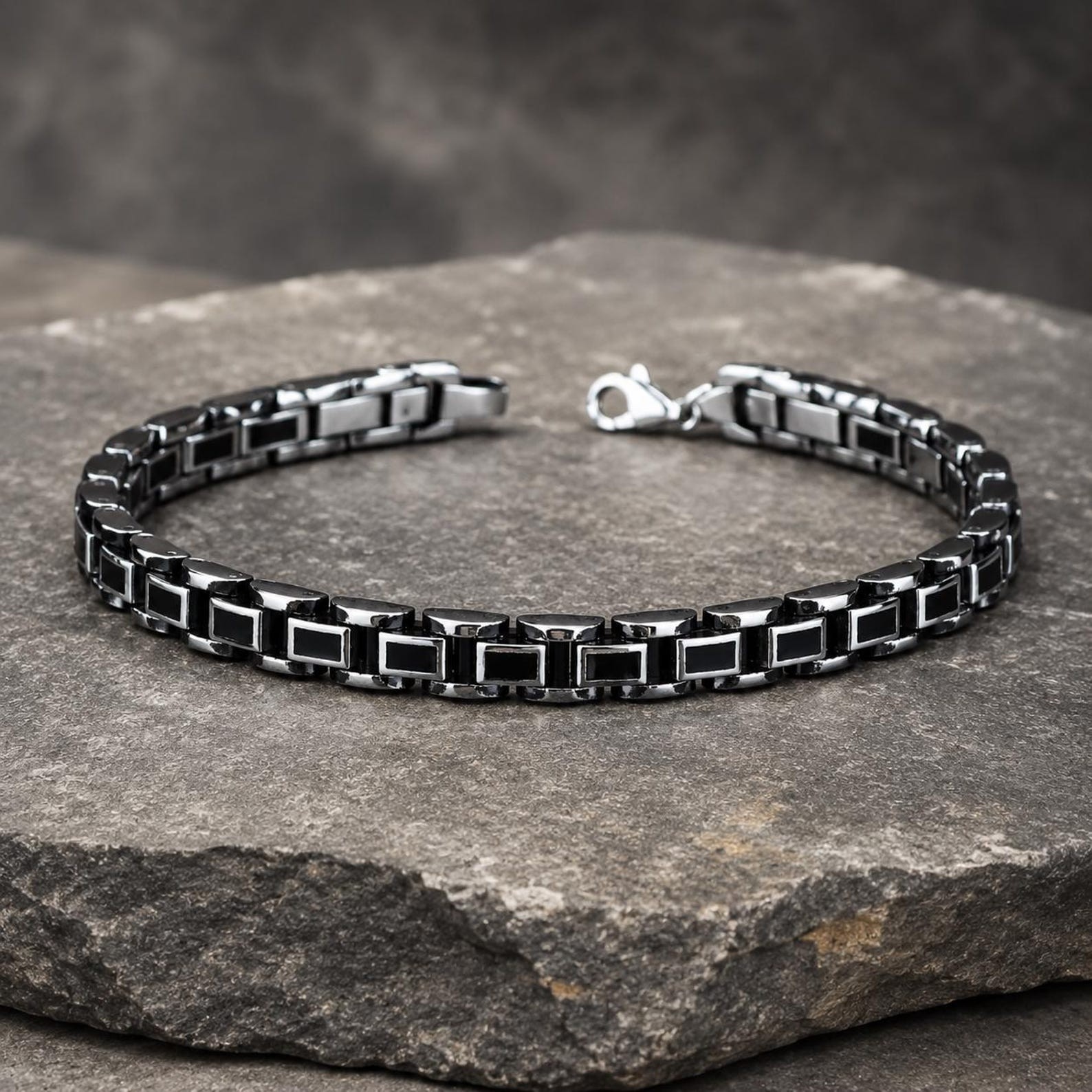 Men Silver Black Onyx Chain Bracelet Oxidized Men’s Bracelet