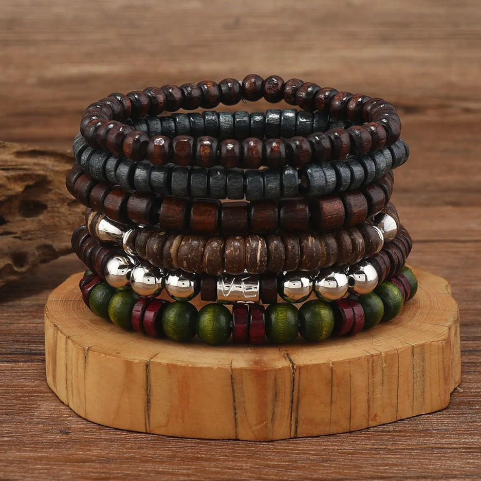10pcs Vintage Boho Men’s Wooden Bracelets Leaf Style Wristwear Set – NEW