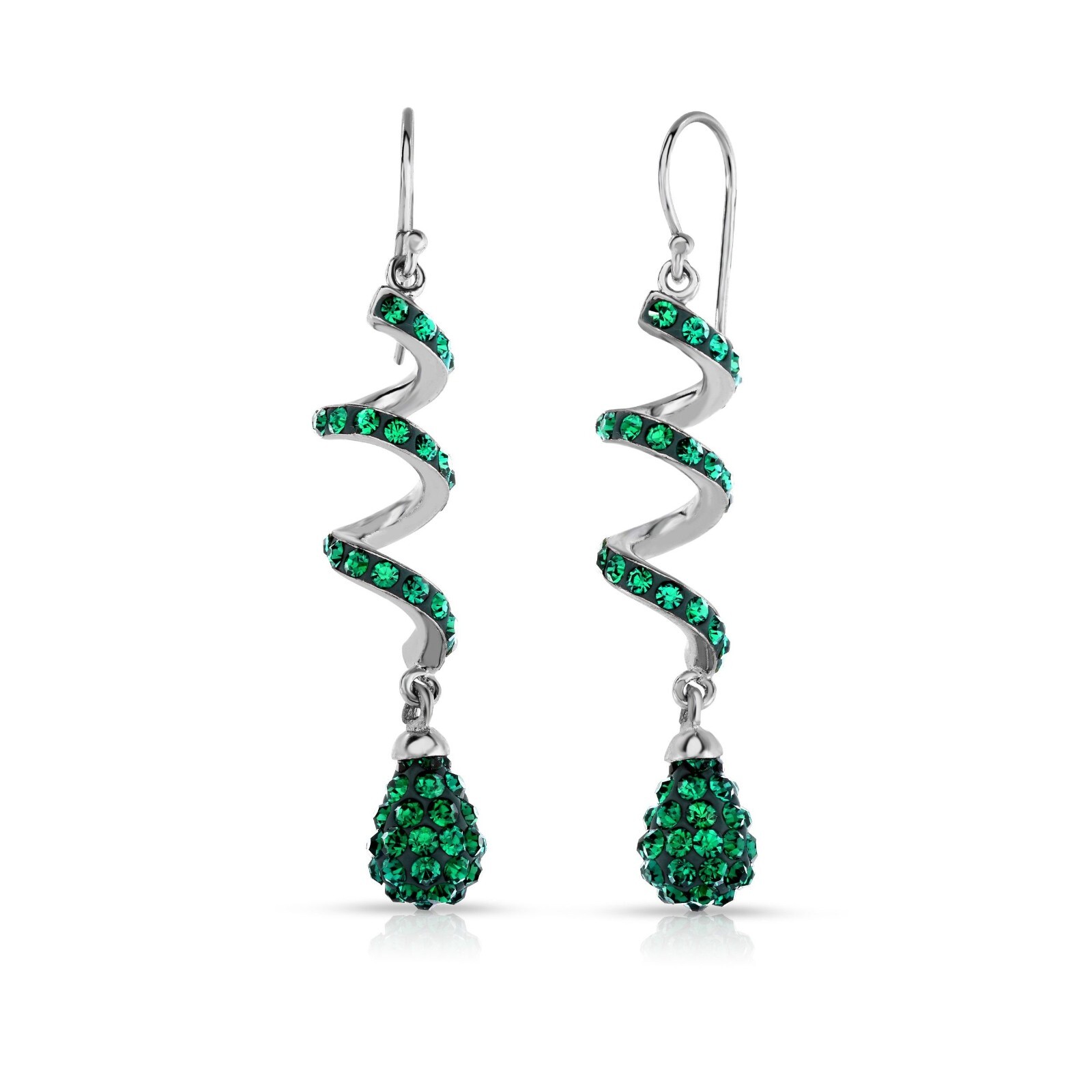 14K White Gold Plated Emerald Spiral Shape Crystal Drop Dangle Hook Earrings