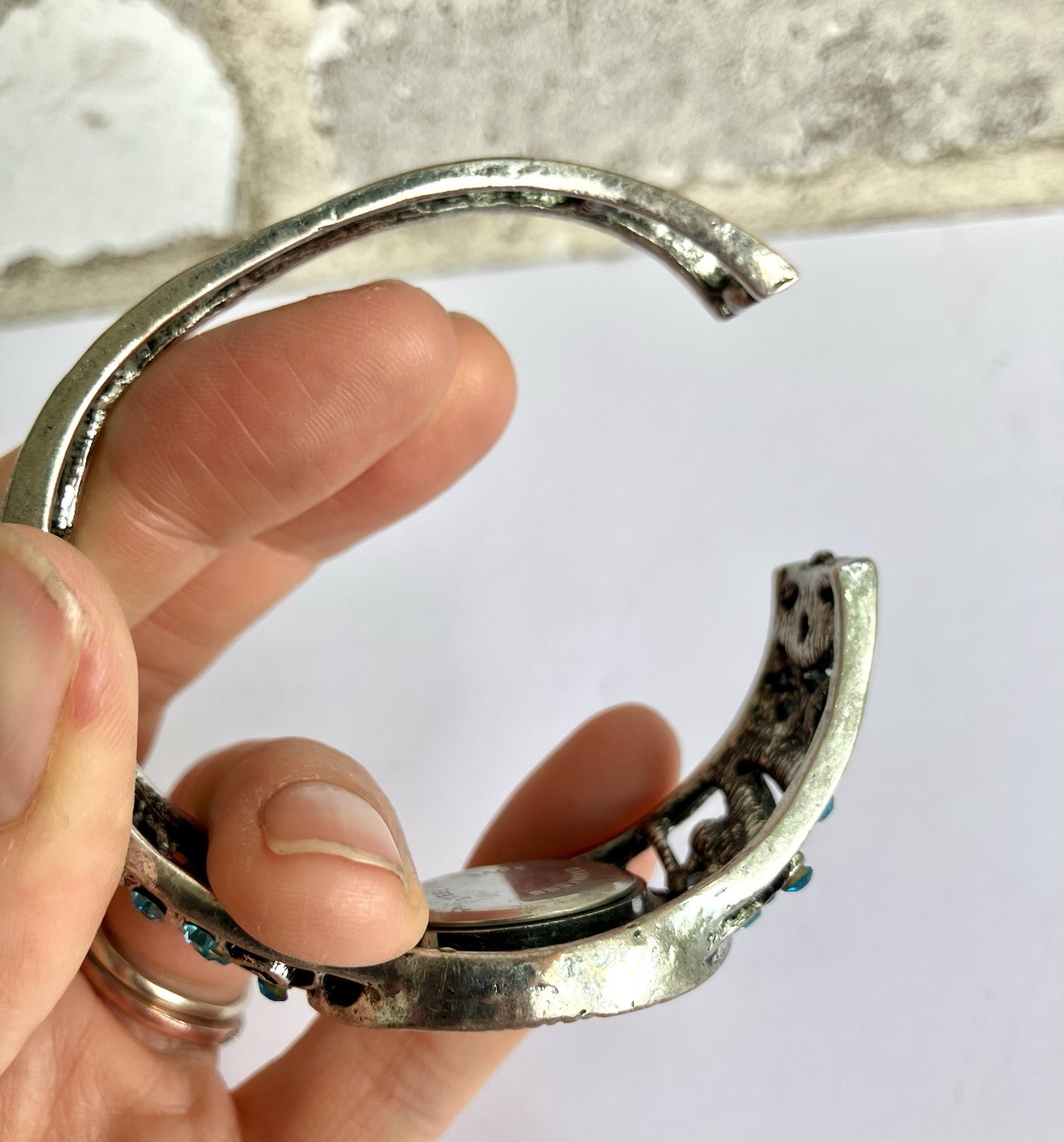 Teal Rhinestone Cuff Hinge Bracelet Quarts Watch Silver Tone Costume Jewelry
