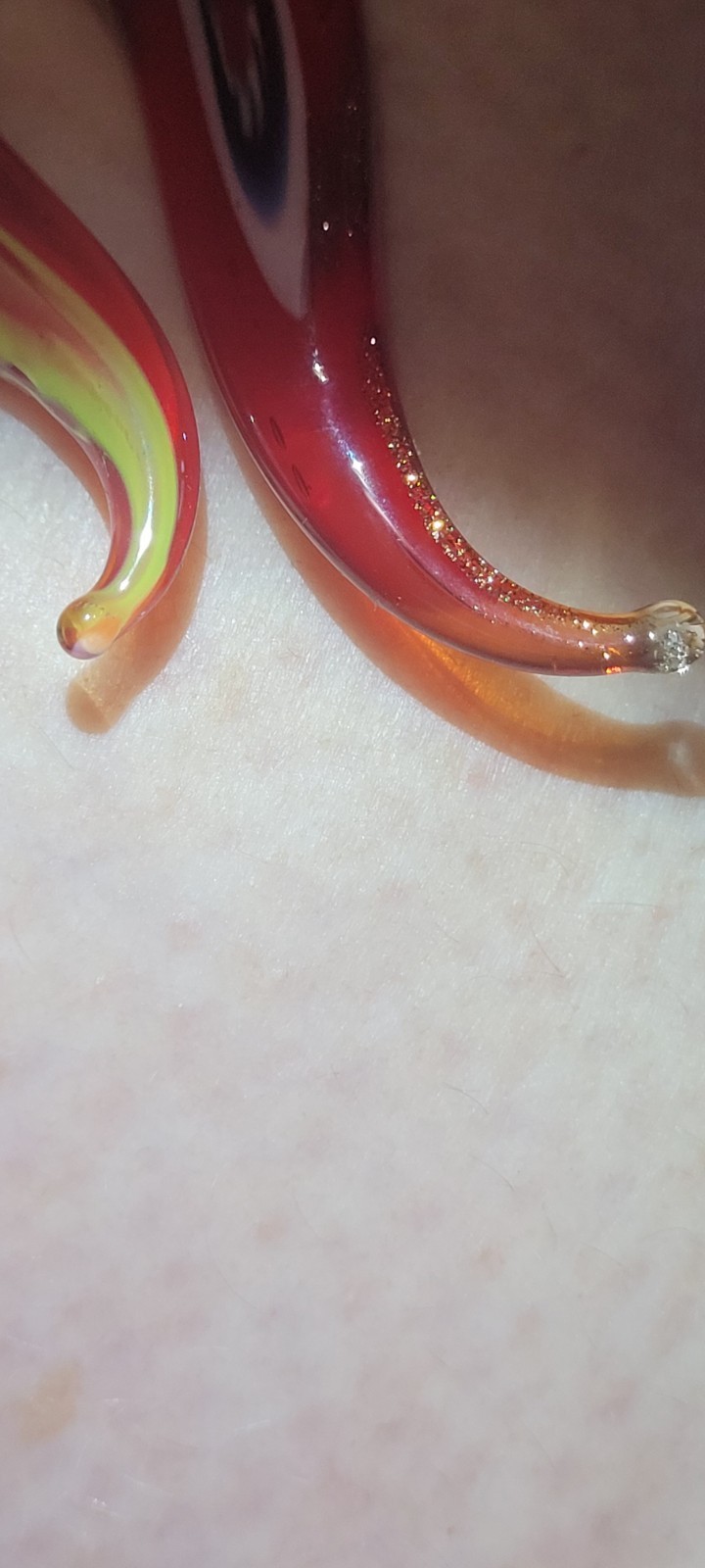 Hand Blown Glass Teardrop Pendant Red Swirl w/ Gold Glitter Accents