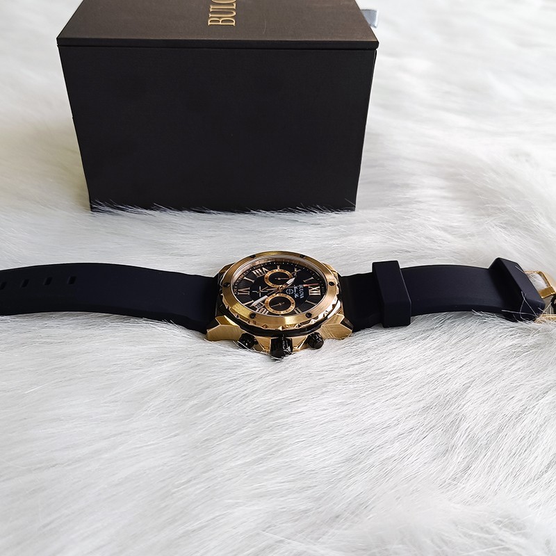 Bulova Marine Star-98B104-Men Black Rubber Strap Quartz Watch Rose Gold Dial44mm