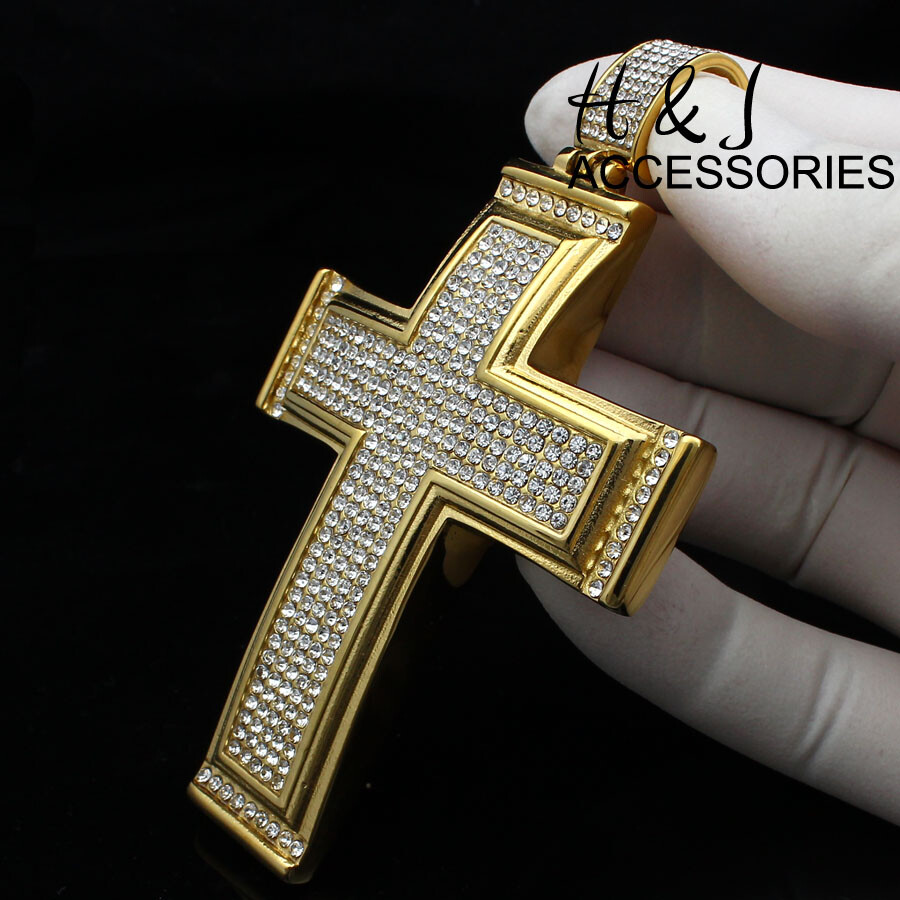 18″-40″Stainless Steel 9mm Gold Plated Cuban Chain BIG ICY CZ Cross Pendant*IP20