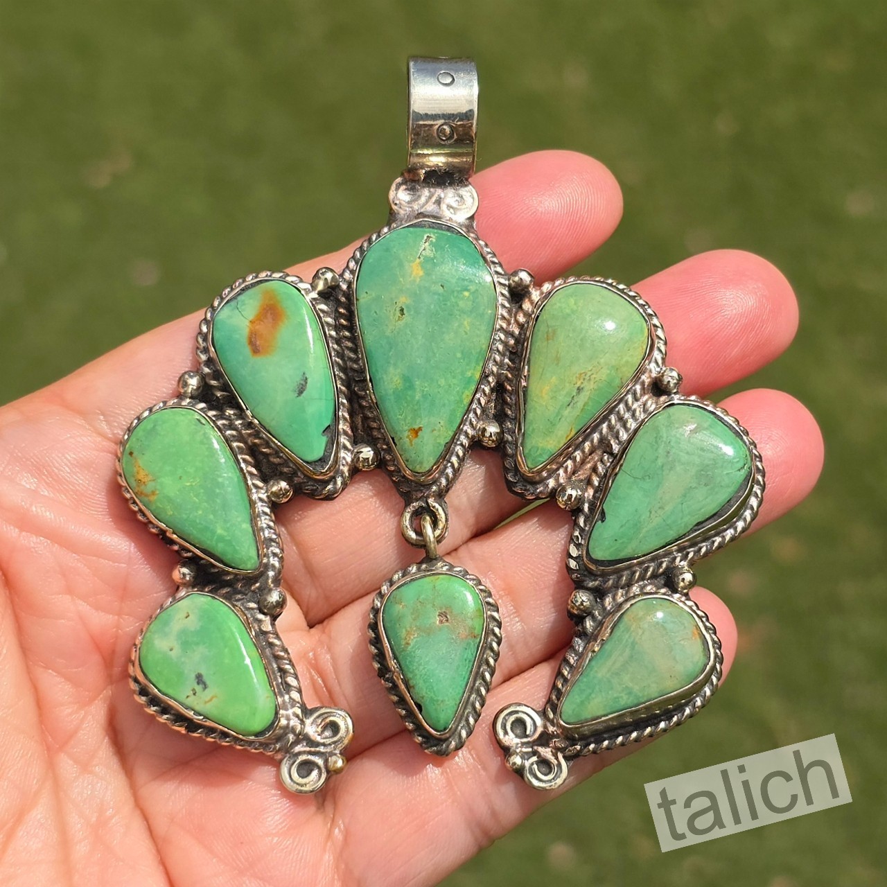 Natural Green Turquoise Tibet Silver Floral Large Naja Pendant Boho Southwestern