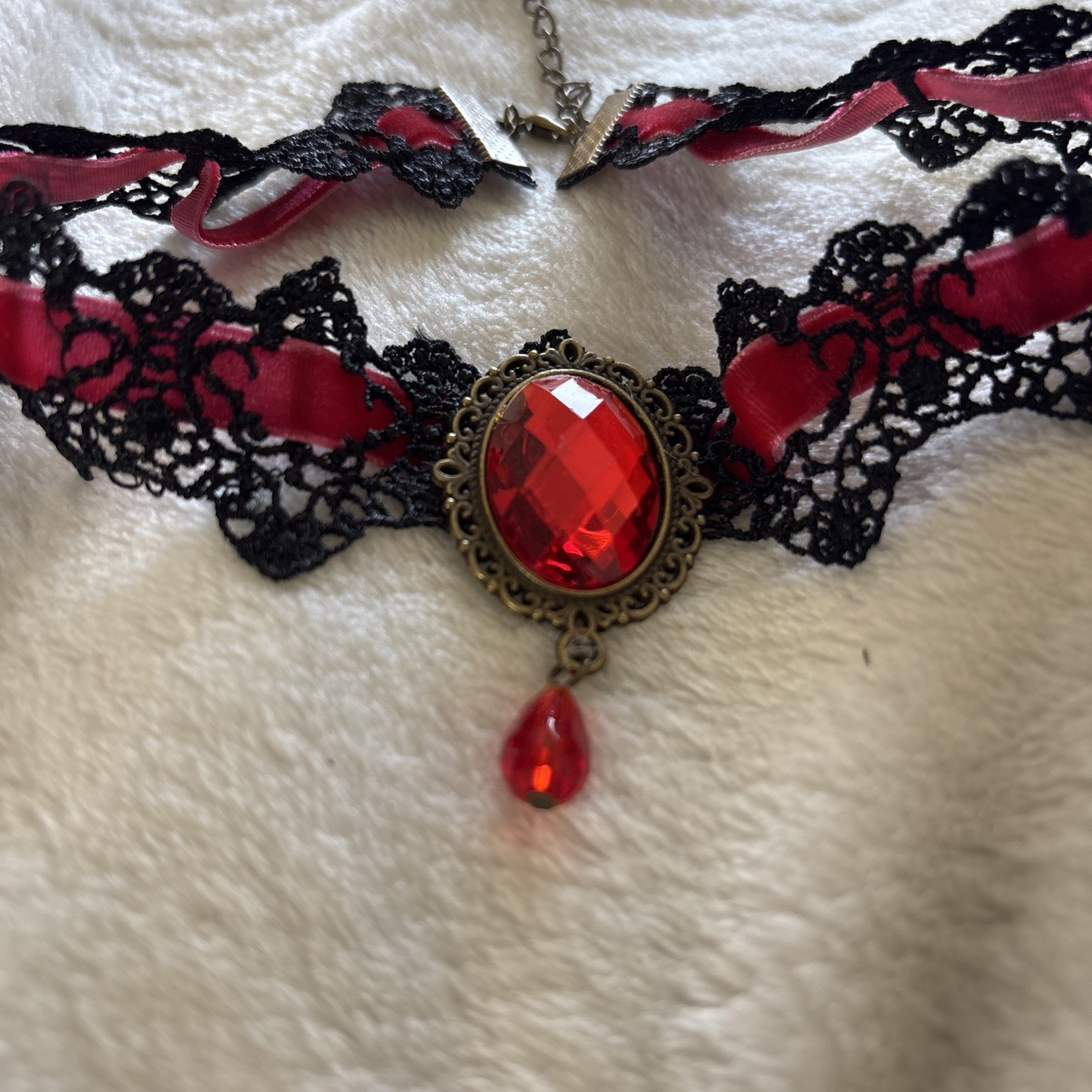 Gothic Choker Necklace,Jewery, Handmade Black Lace, RED 12/13″ #A