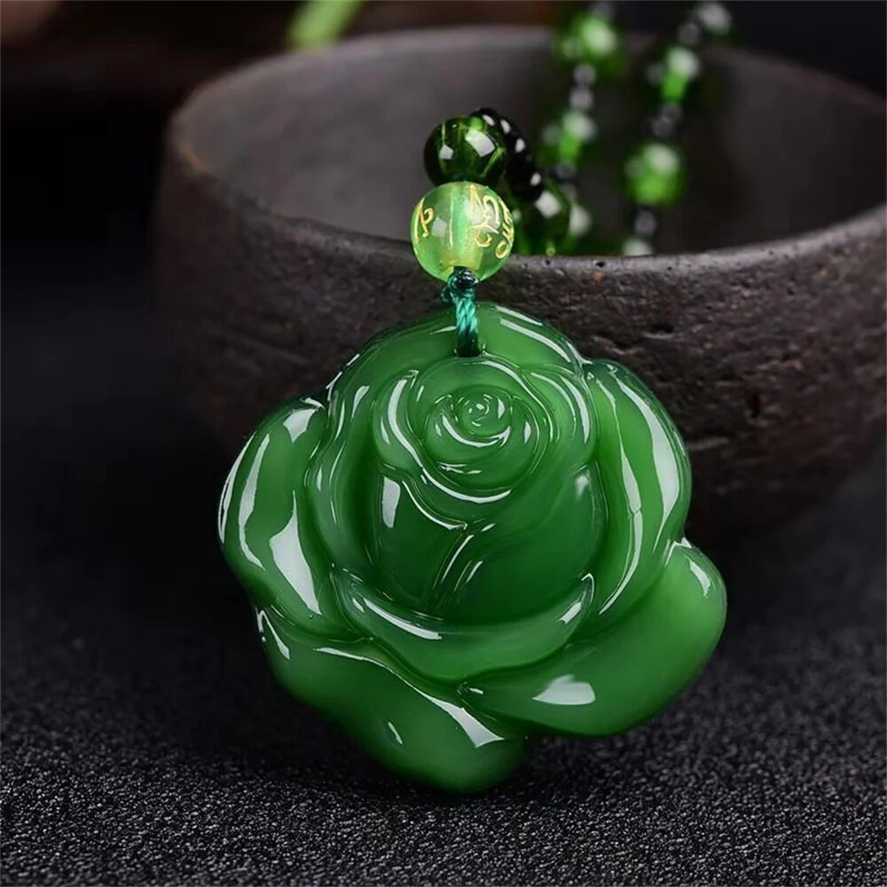 Green Jade Stone Hand-Carved Dragon Phoenix Jade Pendant Necklace ChineseAmulet