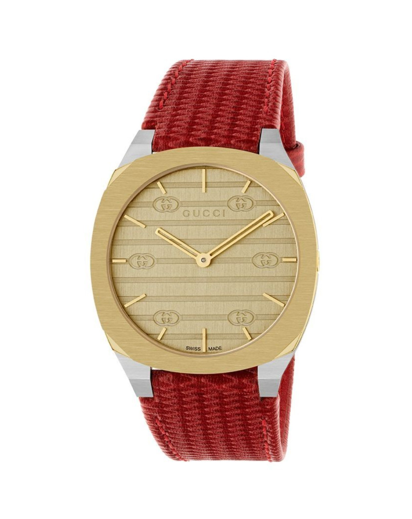 Gucci 25H Quartz Ultra Thin Two Tone Red Leather Strap Ladies Watch YA163415