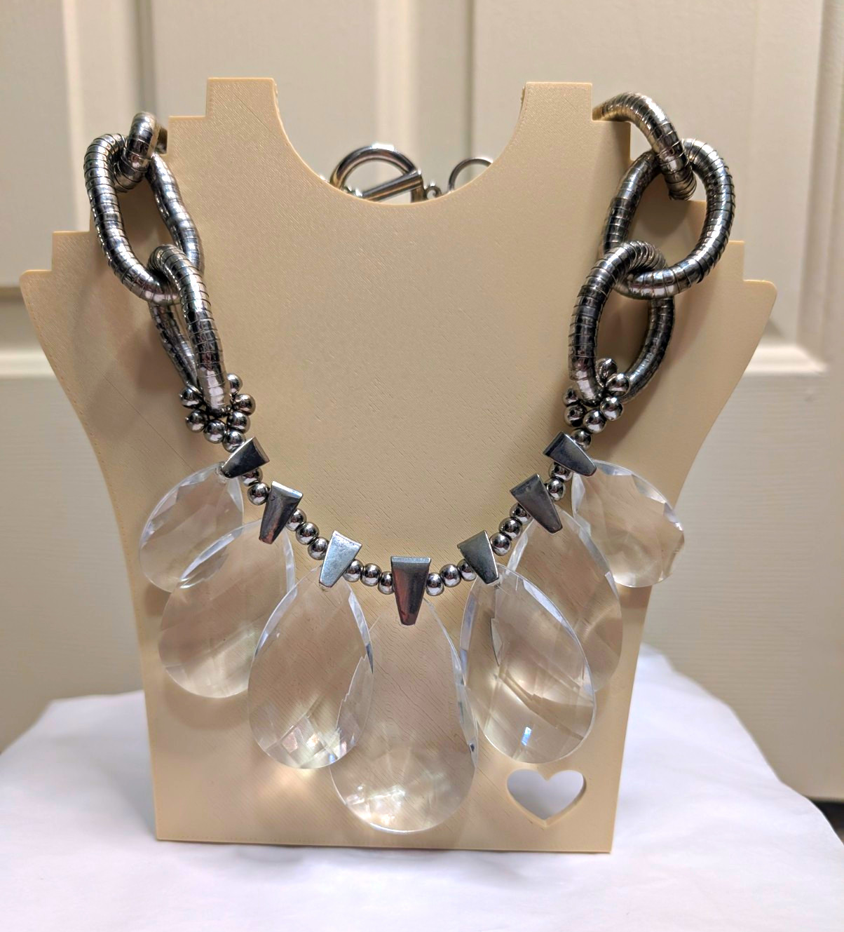Silver Tone Link Chain Statement Necklace w/ Clear Plastic Drops Toggle