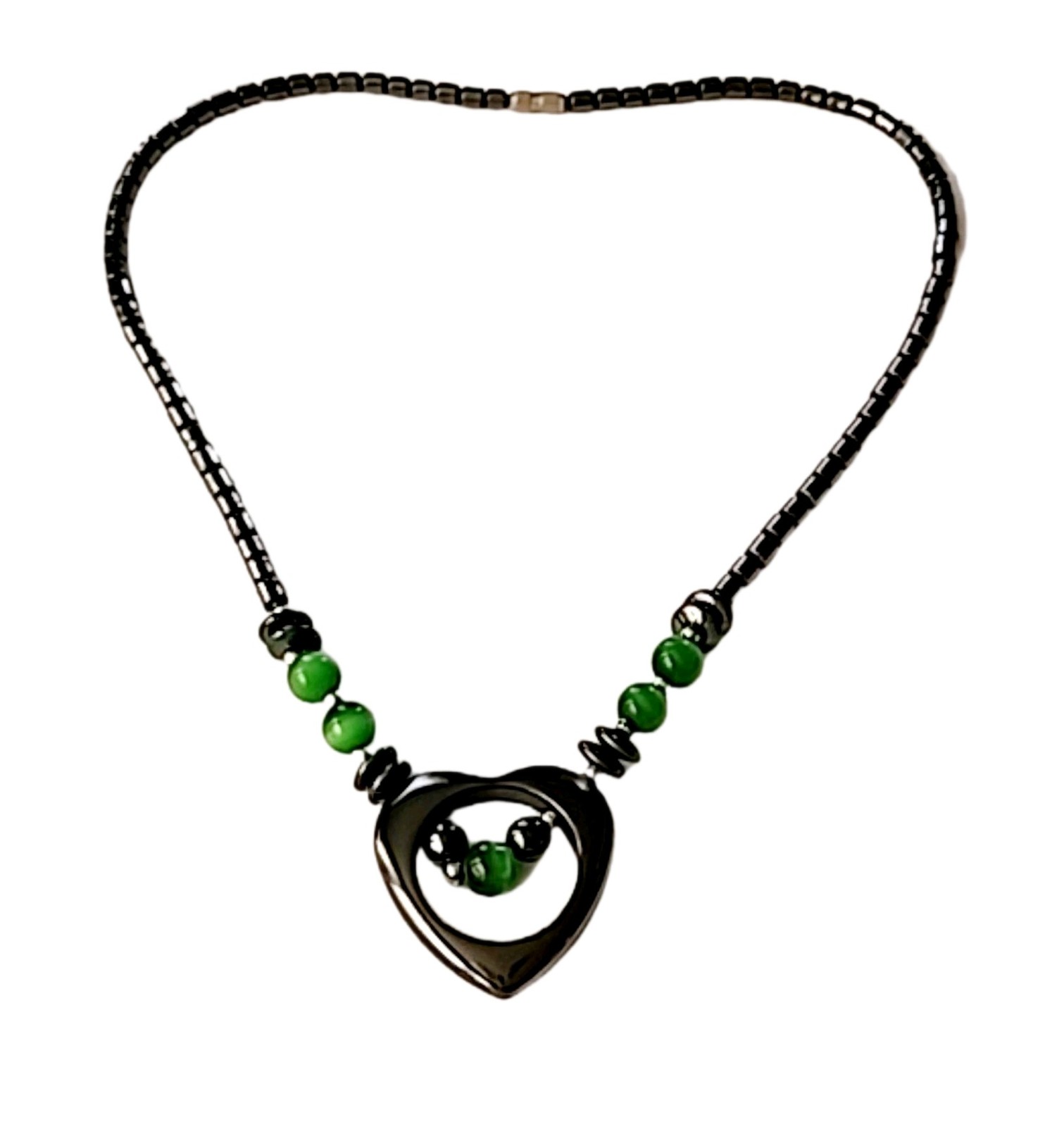 Handmade Hematite and Green Glass Pendant Heart Necklace Lenghth 18″