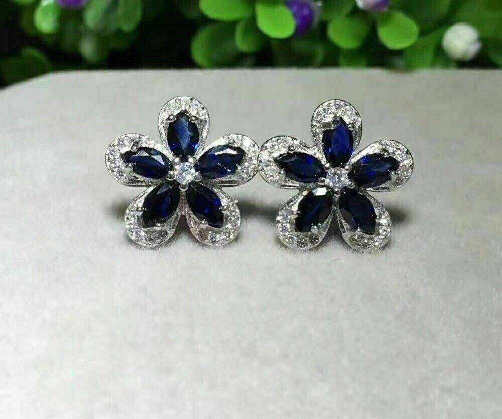 2Ct Marquise Cut Simulated Sapphire Flower Stud Earrings 14K White Gold Plated