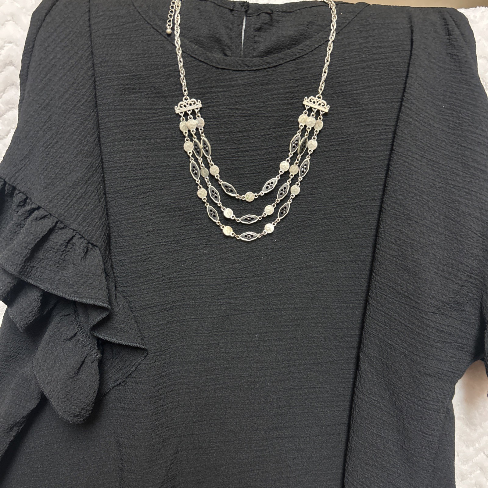 Boho 3 Strand Silver Tone Coin Disc Link Layered Necklace with Extender Clasp