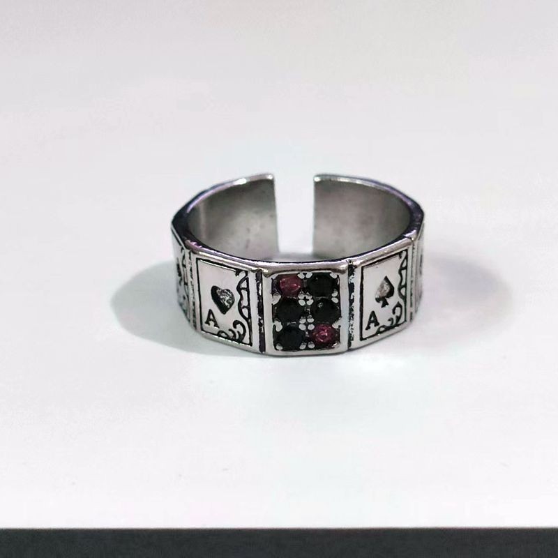Retro Silver Plated Alloy Open Ring Black CZ Adjustable Punk Lucky Open Ring