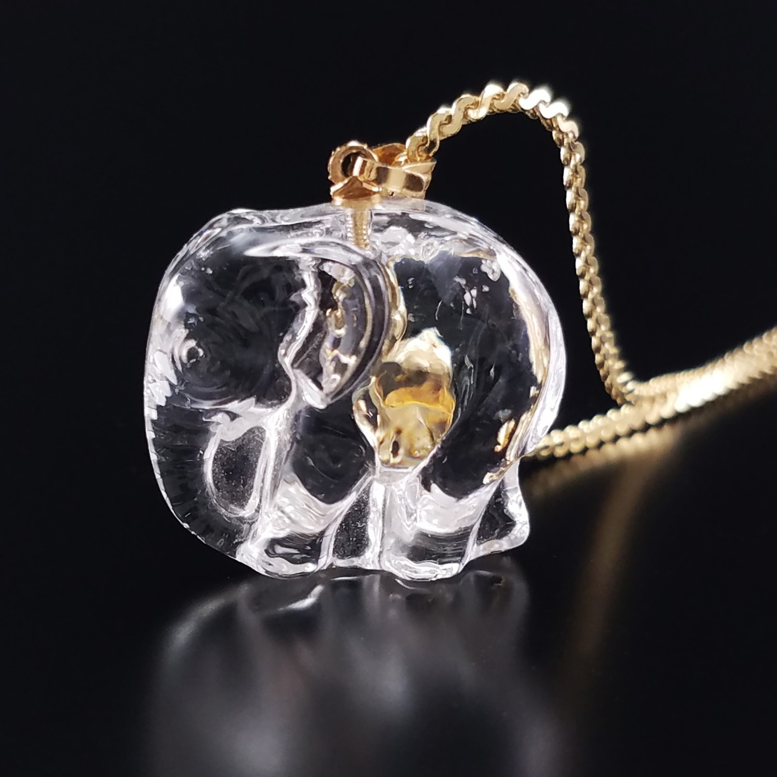 Vintage Crystal Elephant Charm Necklace Gold Plated Herringbone Chain Jewelry